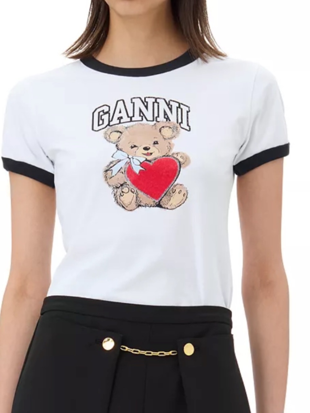 GANNI Basic White Jersey Short Sleeve bear Heart T-Shirt NWT XL
